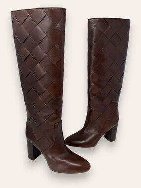 Loeffler Randall Goldy Espresso Brown Woven Leather Tall Boot 7.5 Women’s